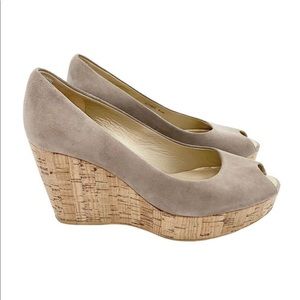 Stuart Weitzman Beige Suede Anna Cork Wedge Platform Peep Toe Pumps Size 8.5